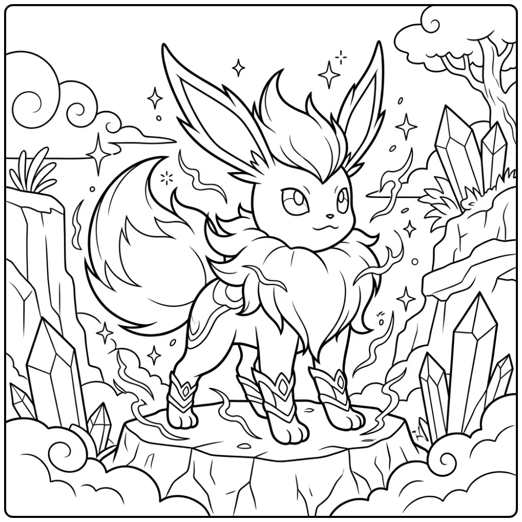 Heroïsche pokemon kleurplaat mega eevee op rots met energie