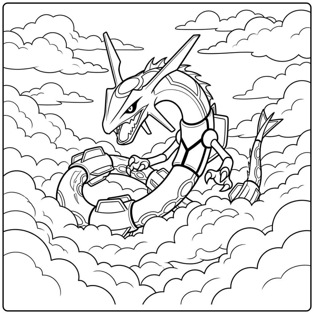 Heroïsche rayquaza kleurplaat: draak komt uit zachte wolken