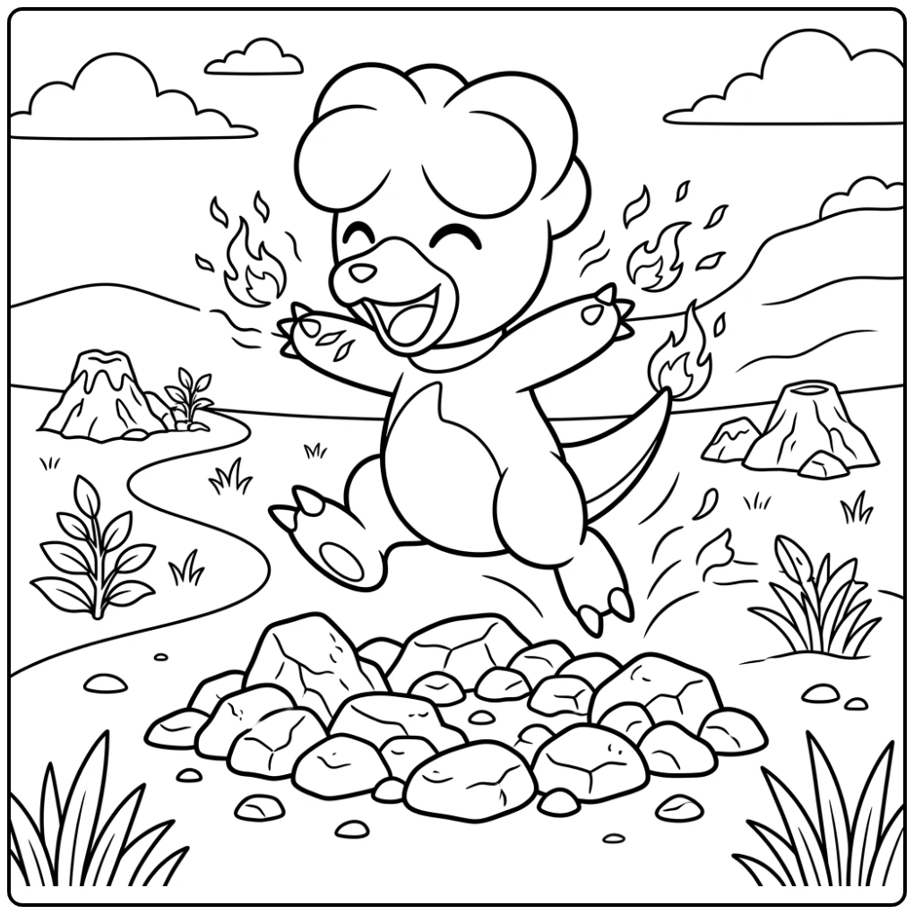 Vrolijke Magby pokemon kleurplaat springt over warme rotsen.