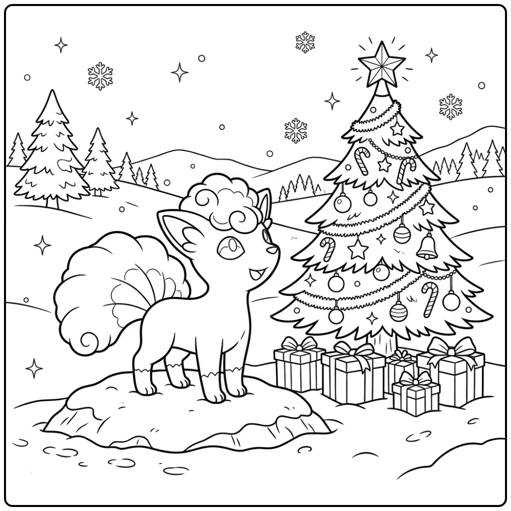 Alolan Vulpix pokemon kerst kleurplaat op besneeuwde heuvel met boom