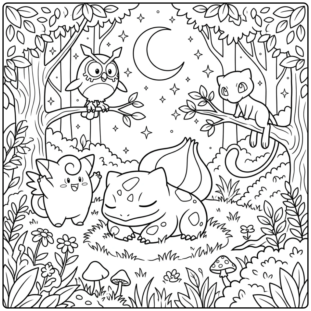 Mooie bulbasaur kleurplaat met Mew onder de sterren.