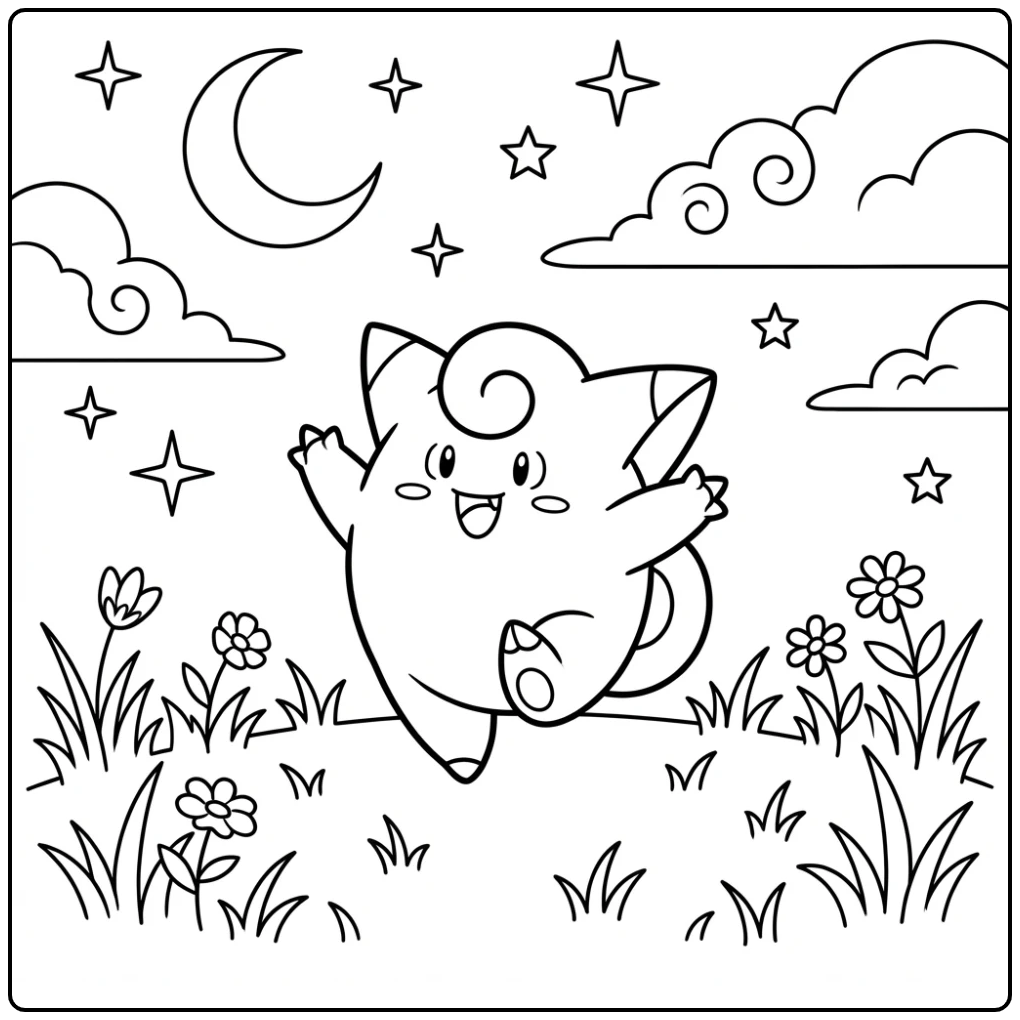 Een vrolijk dansende Clefairy kleurplaat onder de sterren.