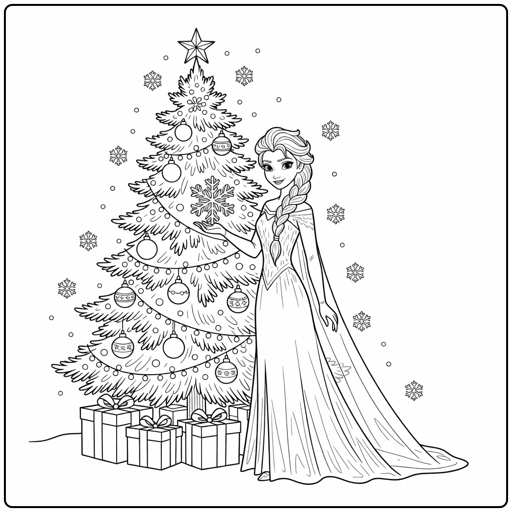 Mooie elsa kerst kleurplaat met een versierde kerstboom.