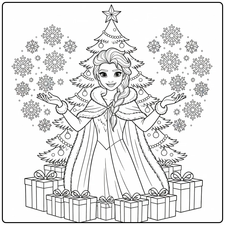 Mooie elsa kerst kleurplaat met cadeautjes en sneeuwvlokken.