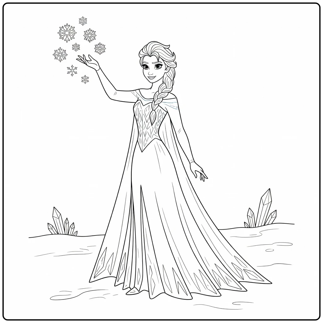 Mooie elsa kleurplaat met sneeuwvlokken en ijskristallen.