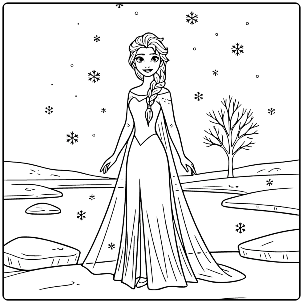 Rustige elsa kleurplaat waar ze bij een bevroren meer staat.
