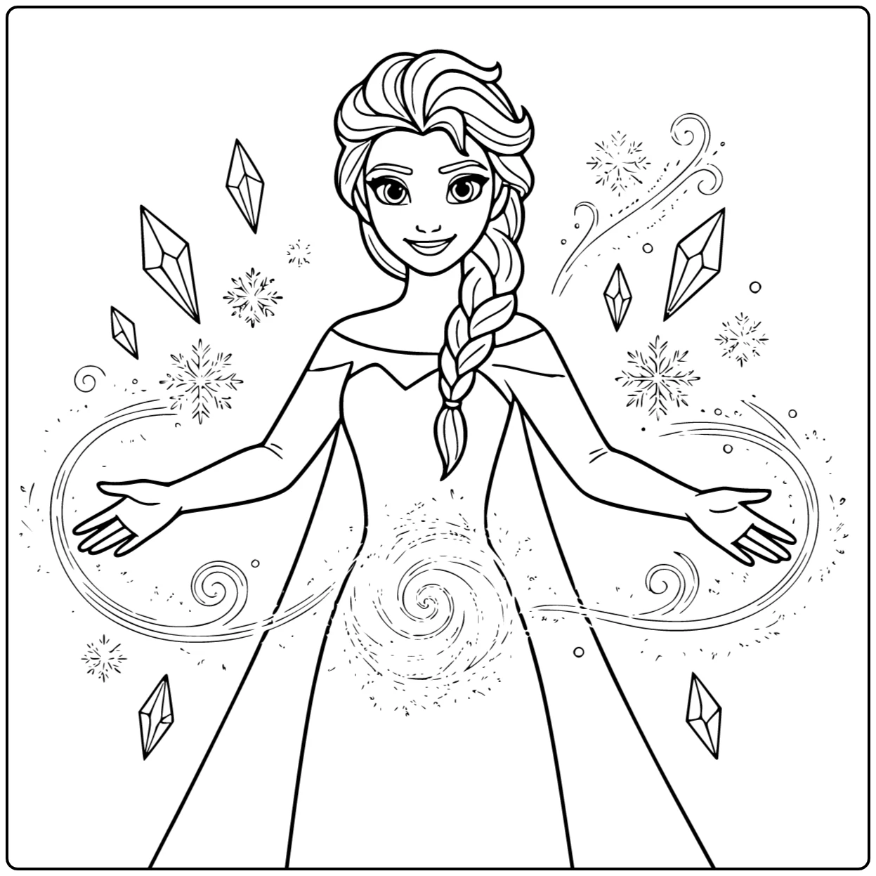 Mooie elsa kleurplaat waar ze een cirkel van ijsmagie maakt.