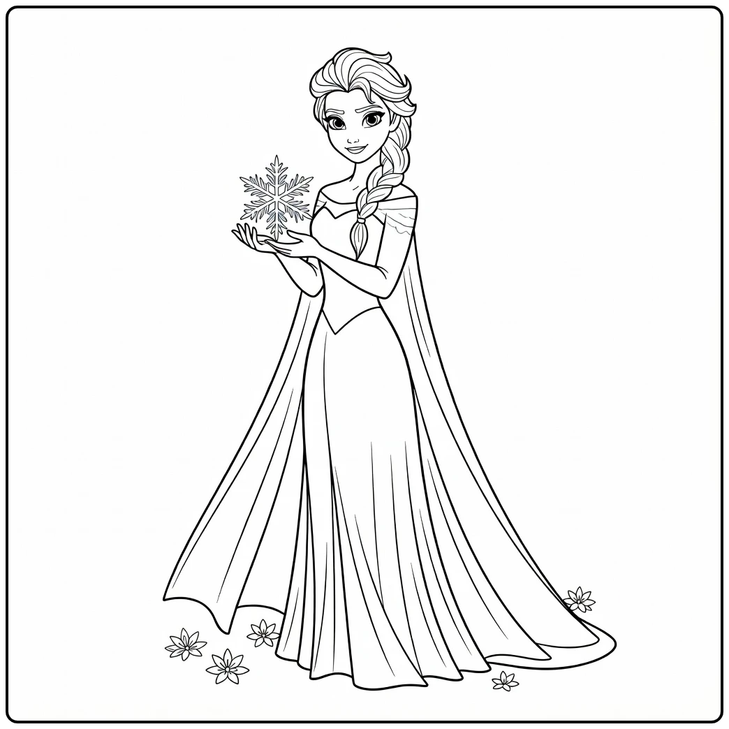 Prachtige elsa kleurplaat met een grote sneeuwvlok.