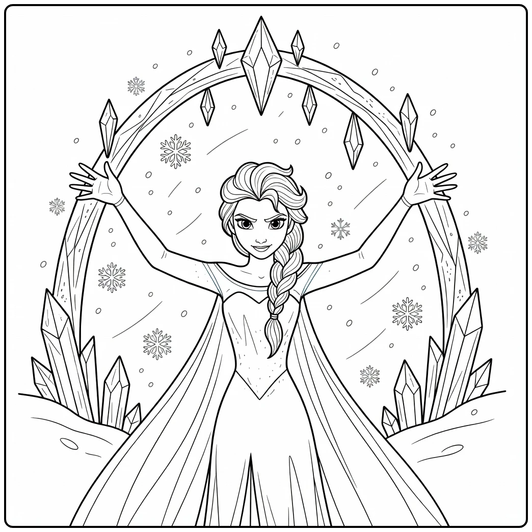 Prachtige elsa kleurplaat waar ze een ijsboog maakt.