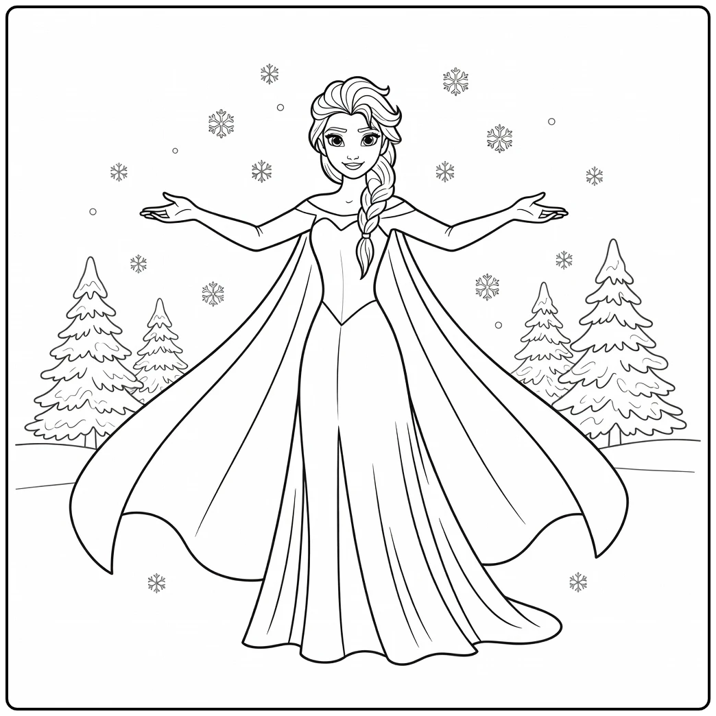 Prachtige elsa kleurplaat in de zachte sneeuwval.