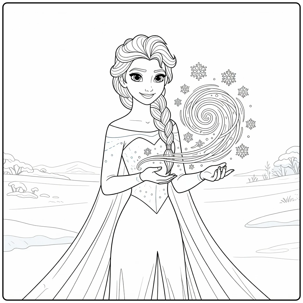 Mooie elsa kleurplaat waar ze een magische sneeuwwervel maakt.