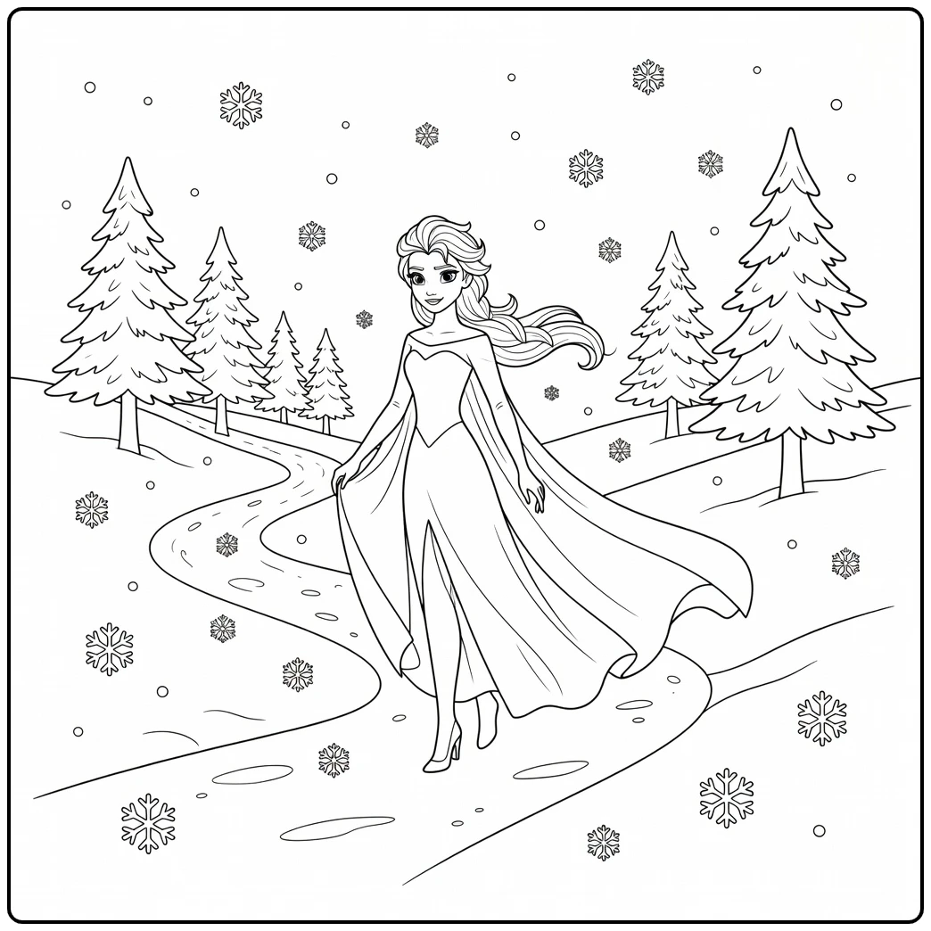 Prachtige elsa kleurplaat in een zacht besneeuwd winterbos.