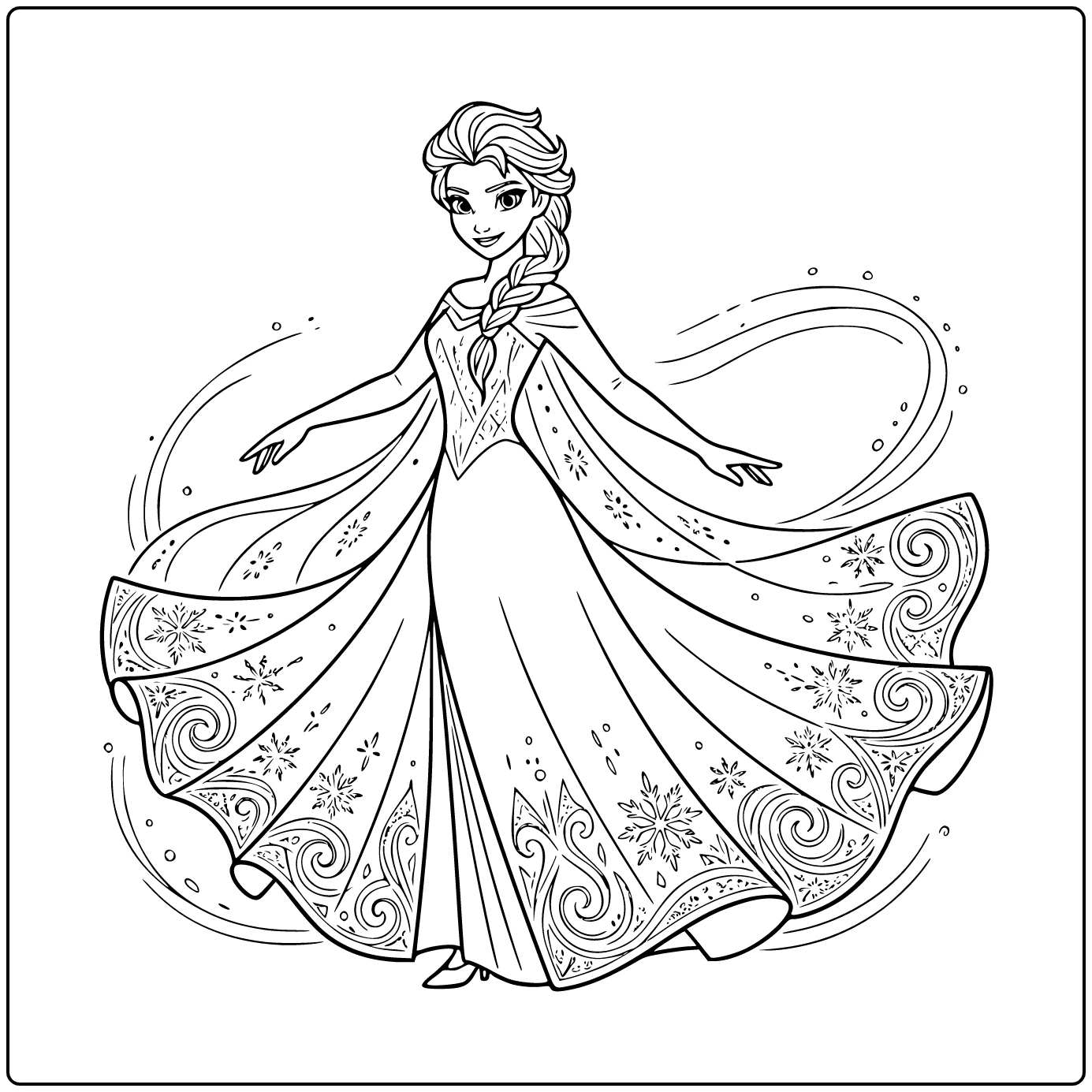 Mooie elsa kleurplaat met sierlijk draaiende ijsmagie.