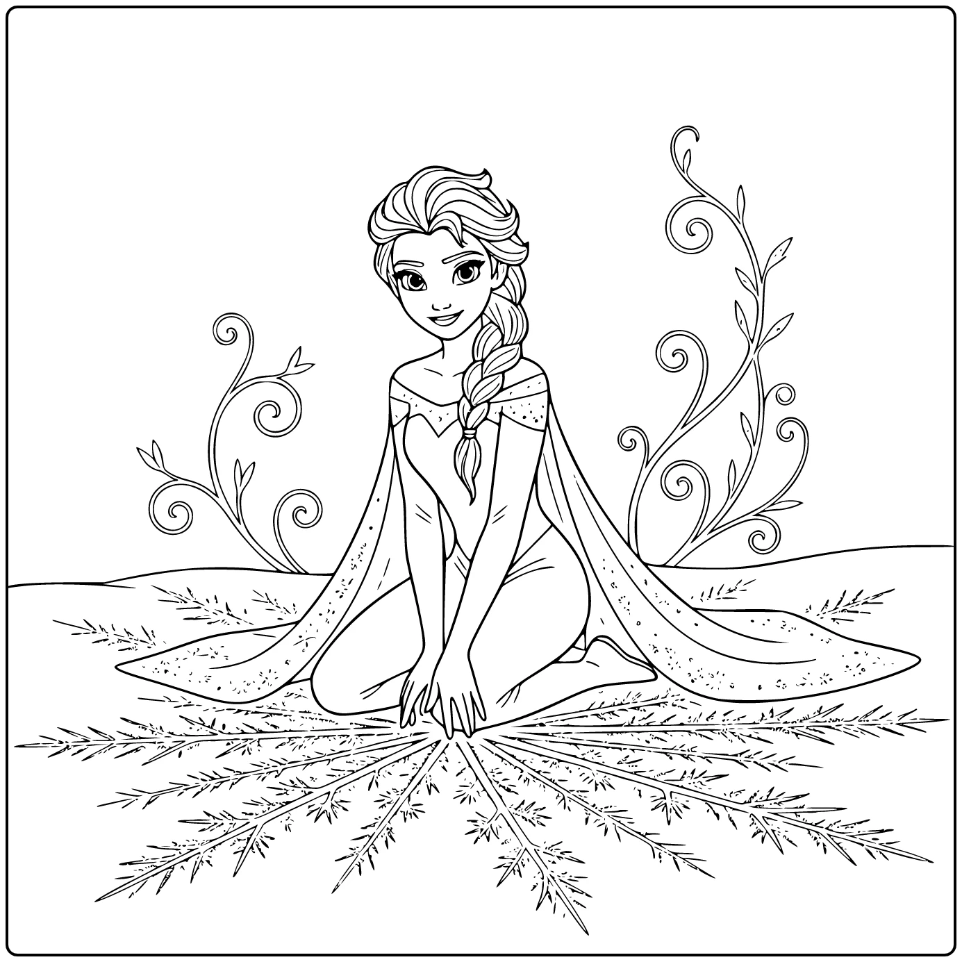 Prachtige elsa kleurplaat waar ze knielt in de sneeuw.
