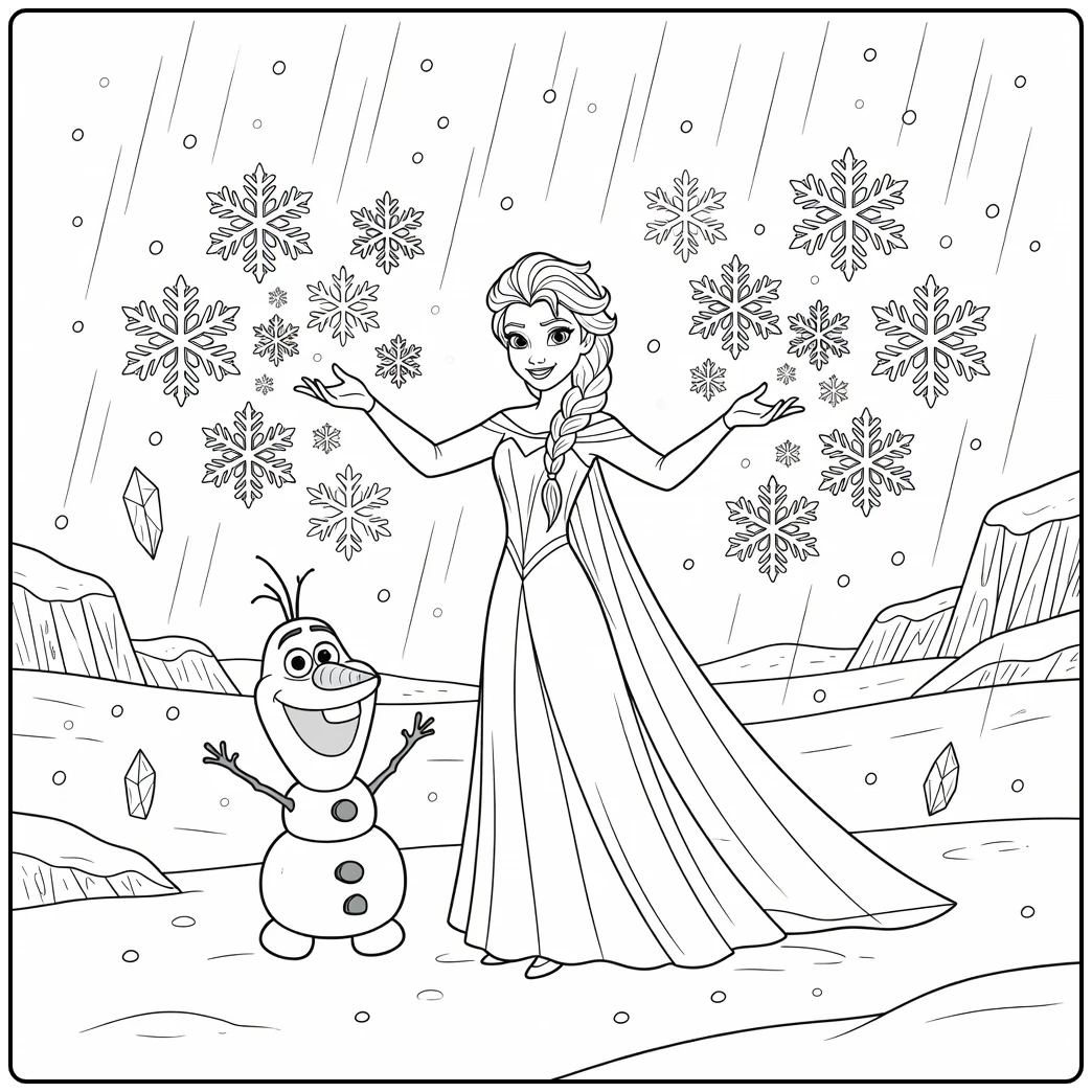 Mooie frozen kleurplaat met Elsa en Olaf in de sneeuw.