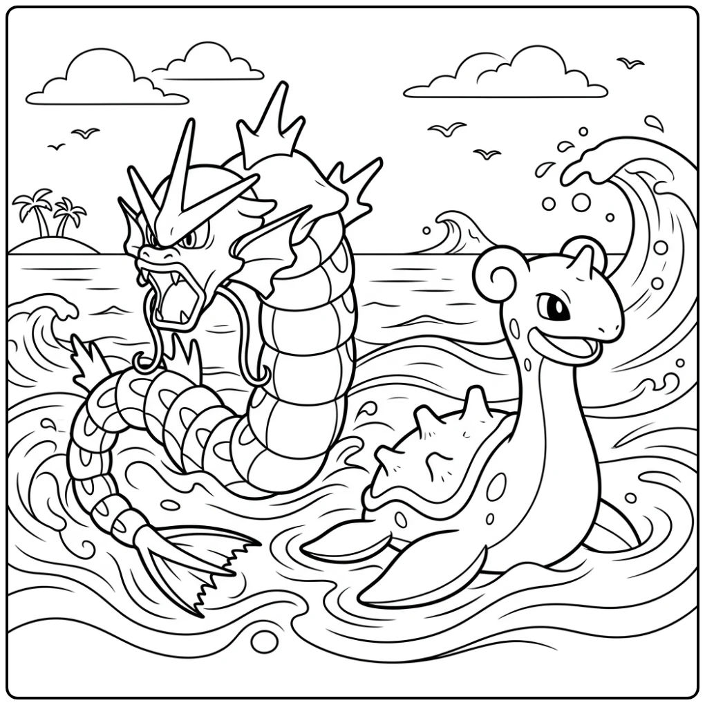 Vriendelijke Gyarados kleurplaat met Lapras in de kalme oceaan.