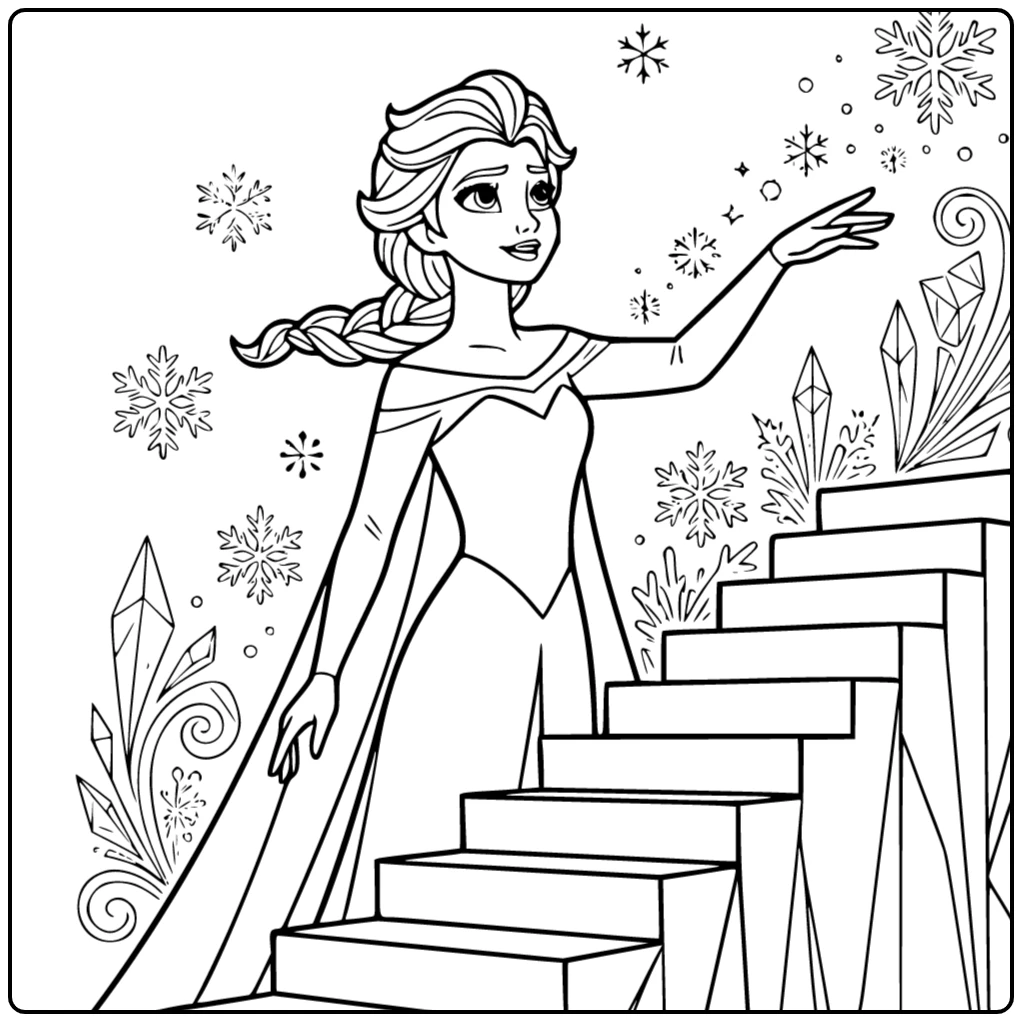 Mooie elsa kleurplaat met een magische ijstrap.