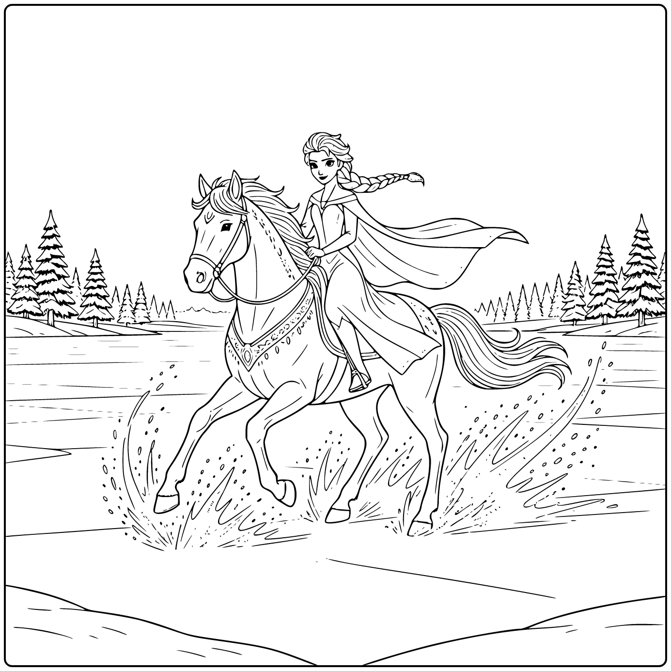 Prachtige kleurplaat elsa paard op een bevroren meer.