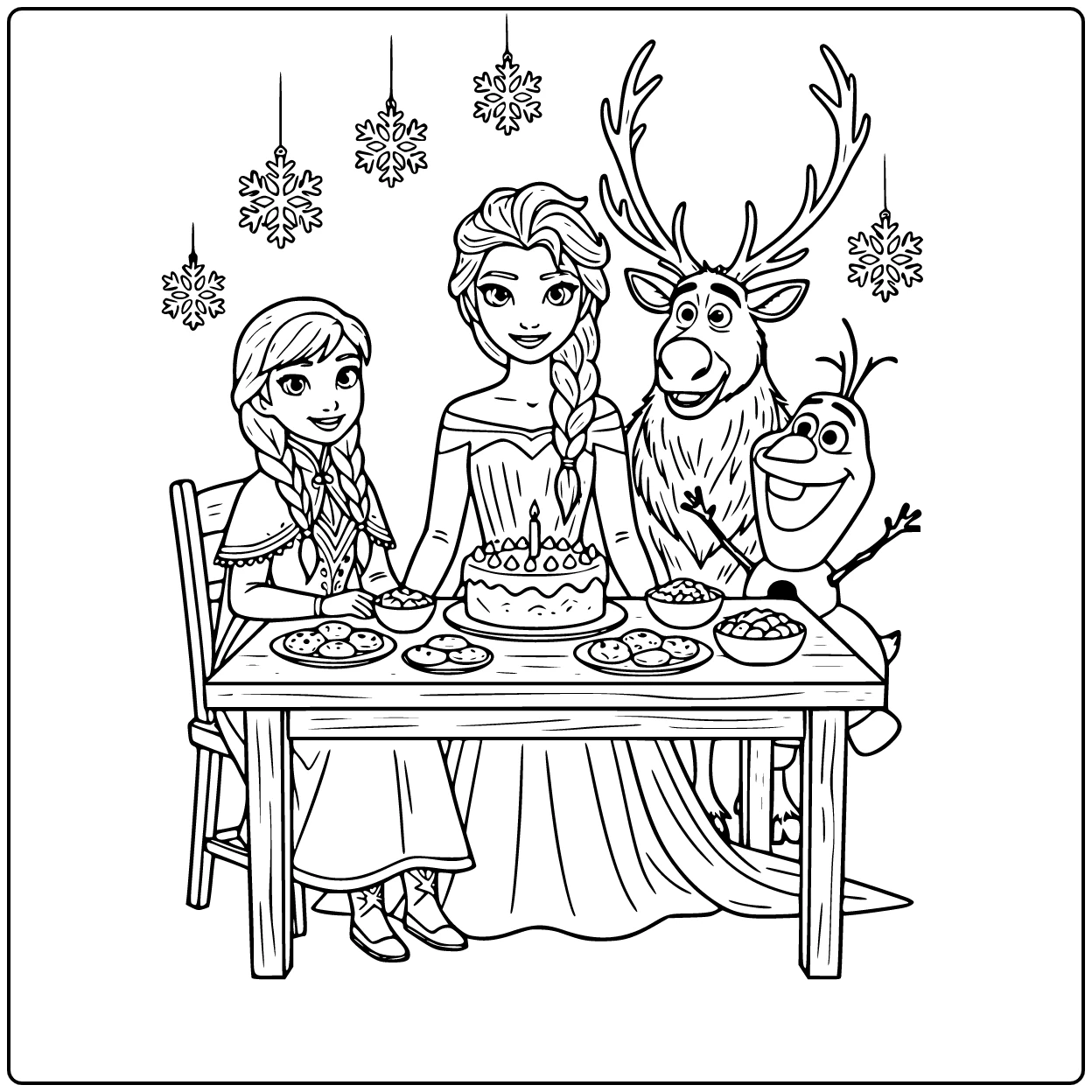 Elsa in het midden van kleurplaat frozen verjaardag feest.