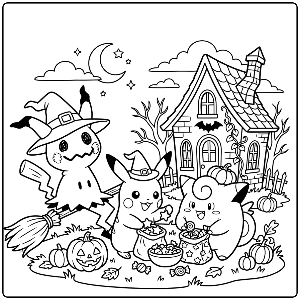 Mimikyu, Pikachu en Clefairy: kleurplaat halloween pokemon
