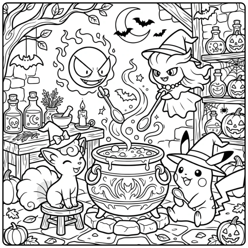Alolan Vulpix, Pikachu bij heksenketel; kleurplaat halloween pokemon