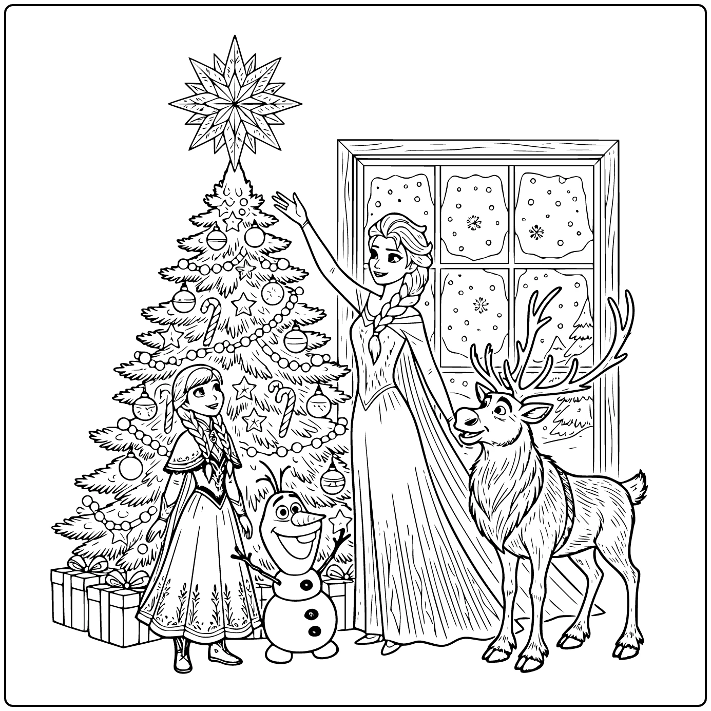 Elsa maakt een ijsster in deze kleurplaat kerst frozen.