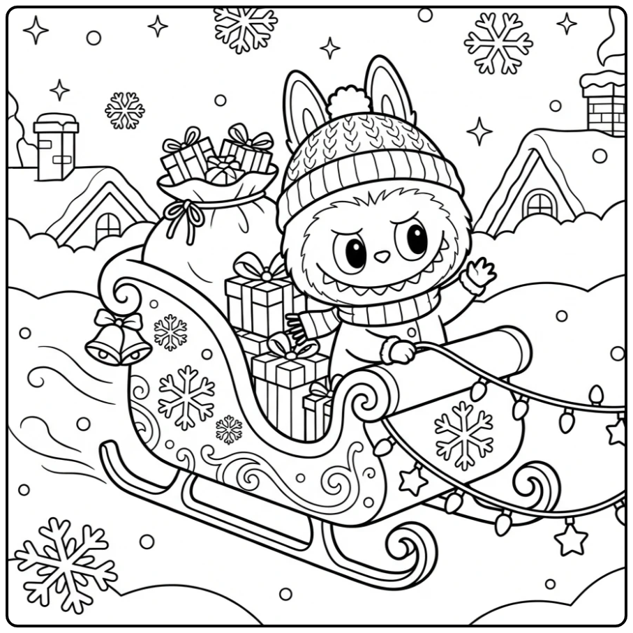 Vrolijke kleurplaat labubu kerst in een vliegende slee.