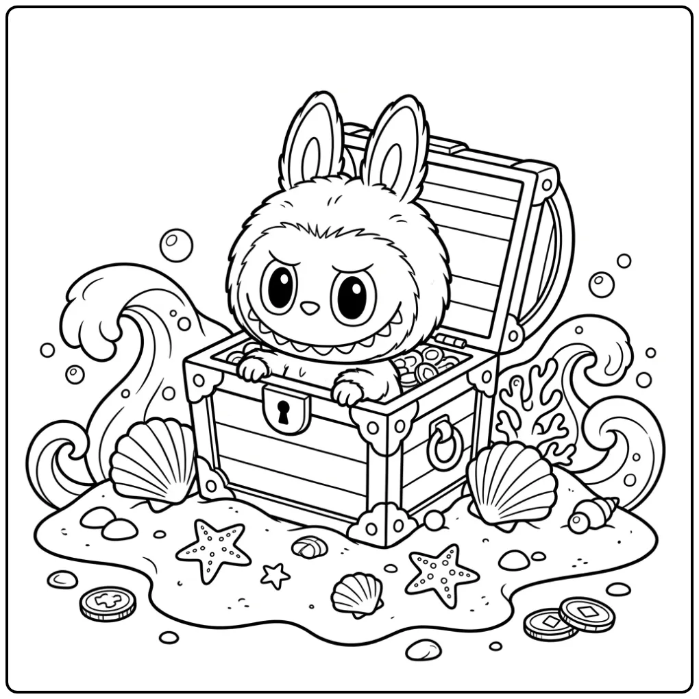 Oceaanscene kleurplaat labubu secret met schelpen en golven