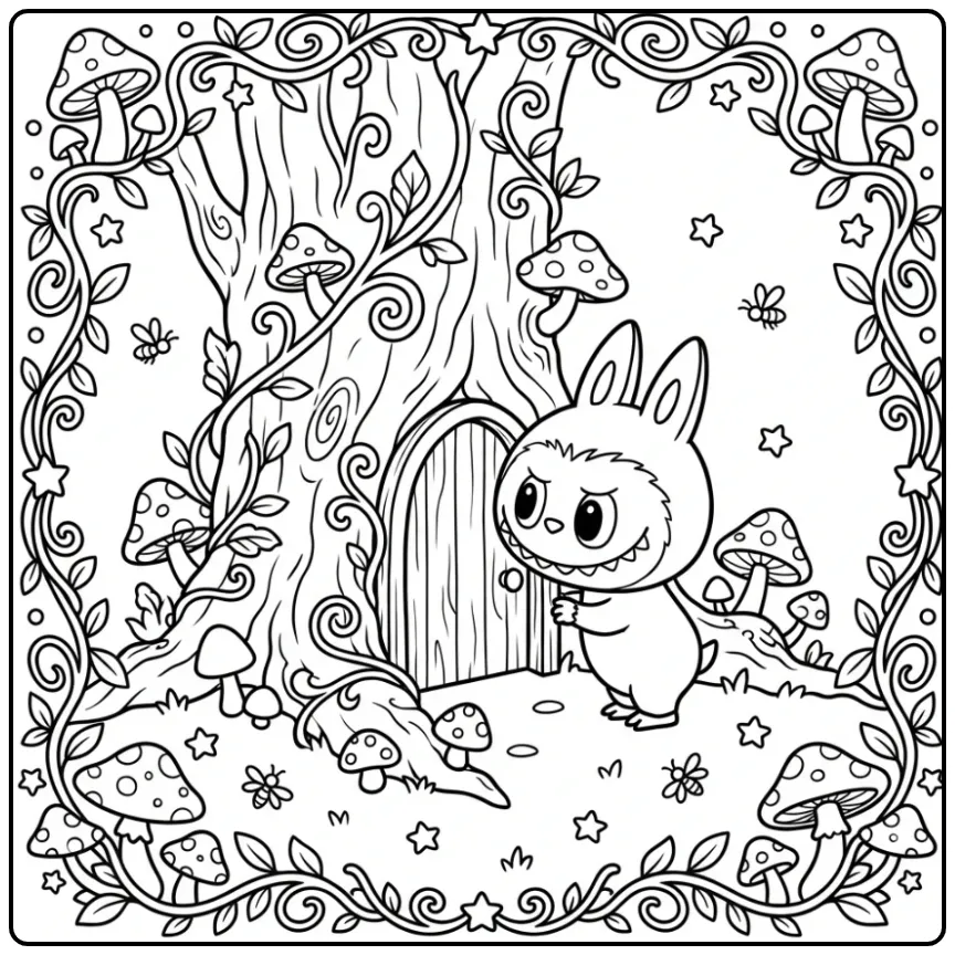 Schattige kleurplaat labubu secret met een geheime boomdeur.