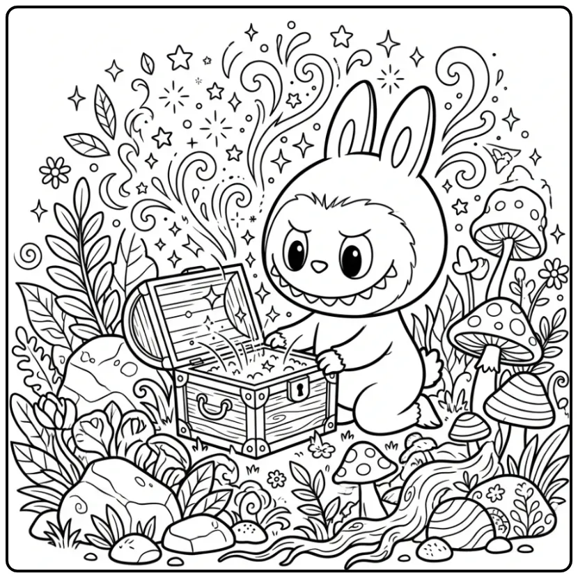 Leuke kleurplaat Labubu secret opent magische schatkist.