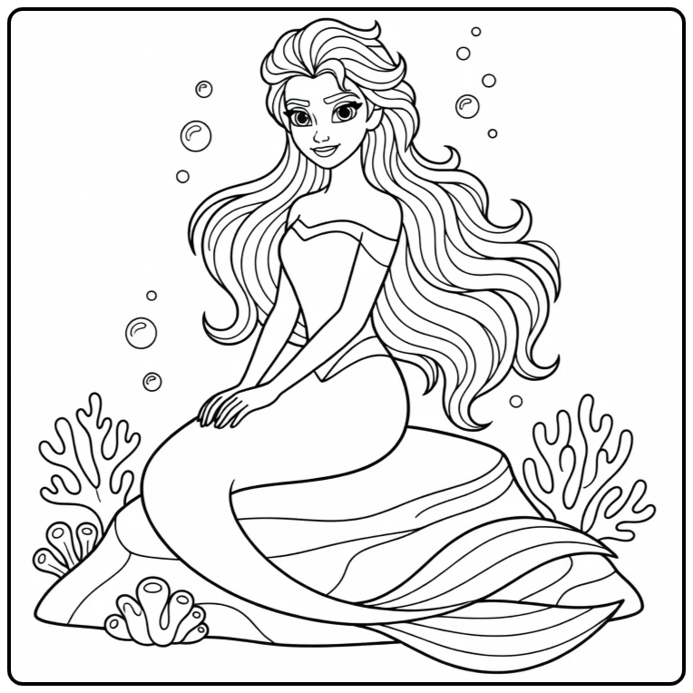 Mooie kleurplaat zeemeermin elsa op een rots onder water.