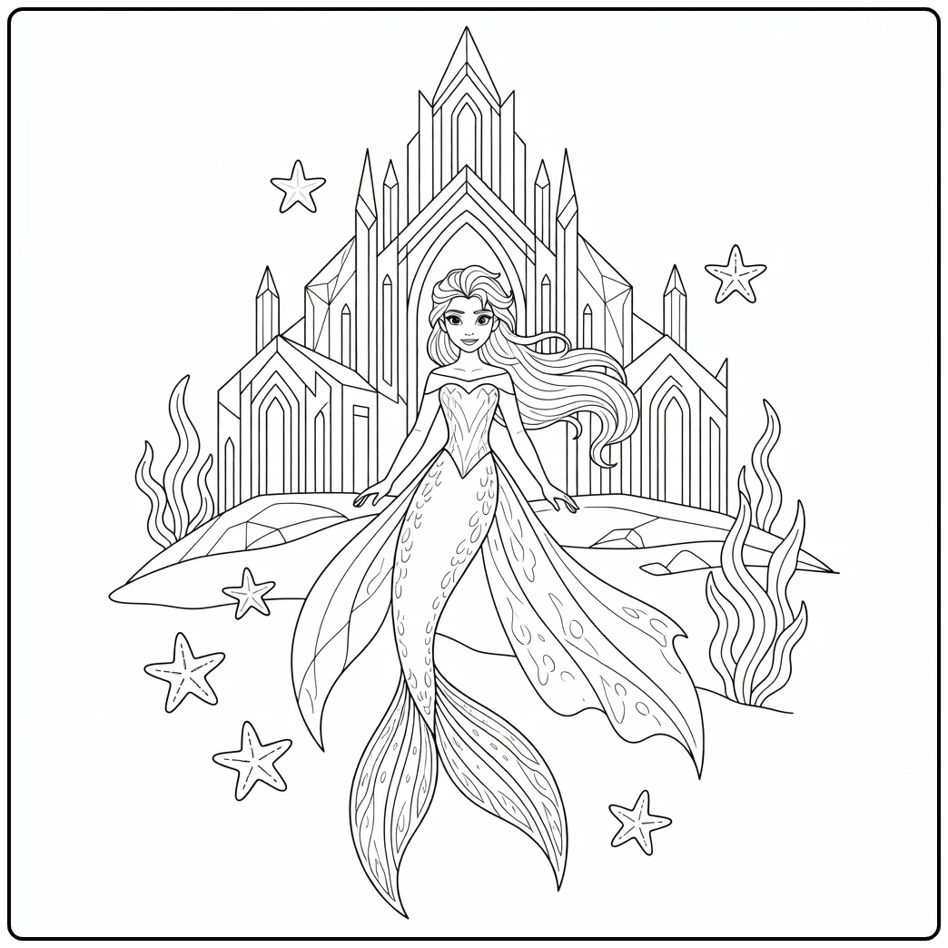 Prachtige kleurplaat zeemeermin elsa bij een ijspaleis.