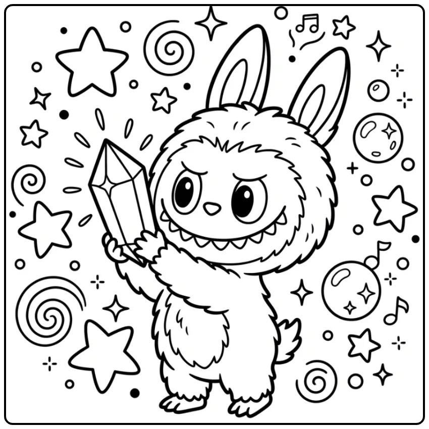 Labubu Big Into Energy Kleurplaat: Sterren en Kristallen