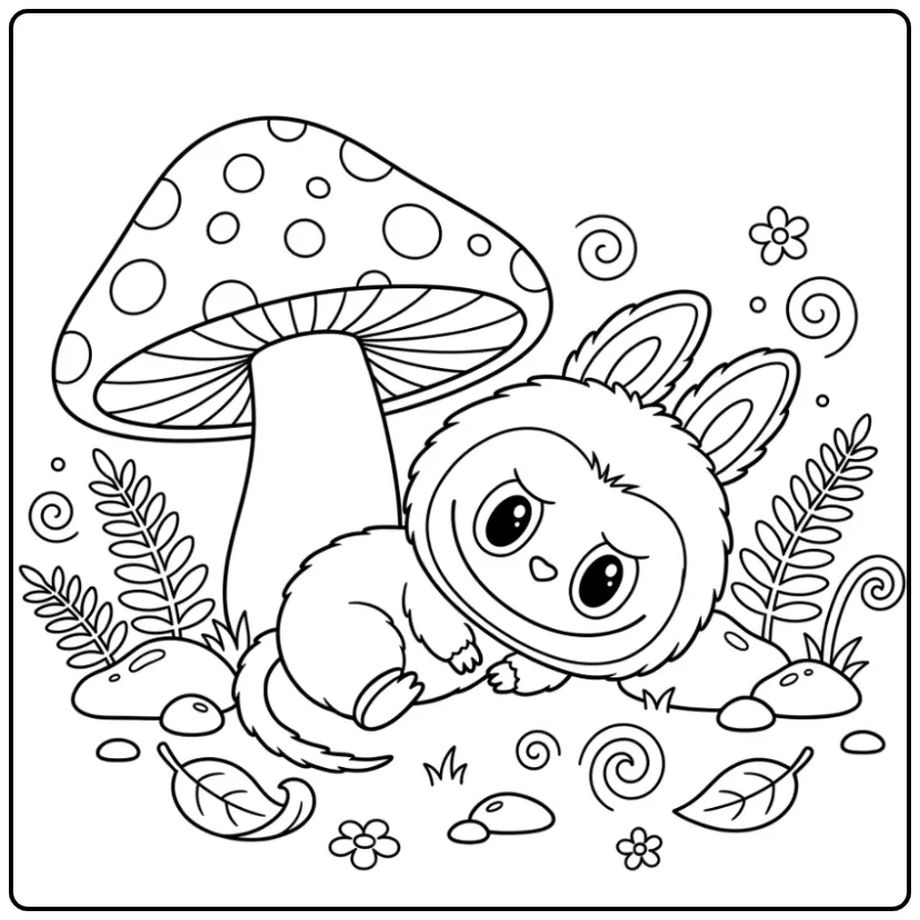 Schattige labubu kleurplaat cute slapend bij een paddenstoel.