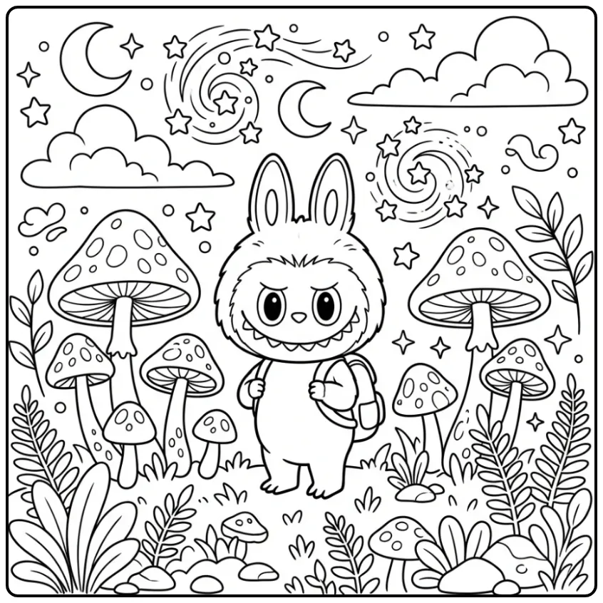Leuke labubu kleurplaat met magische paddenstoelen en sterren.