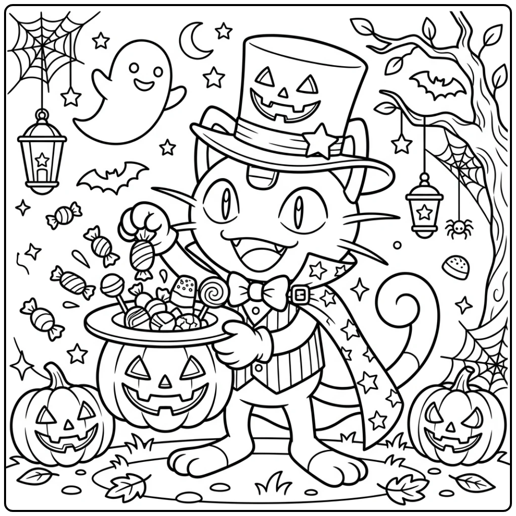 Meowth goochelt snoep: kleurplaat halloween pokemon plezier voor iedereen.