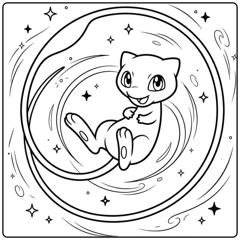 Sierlijke mew kleurplaat met een draaiende Mew in de lucht.