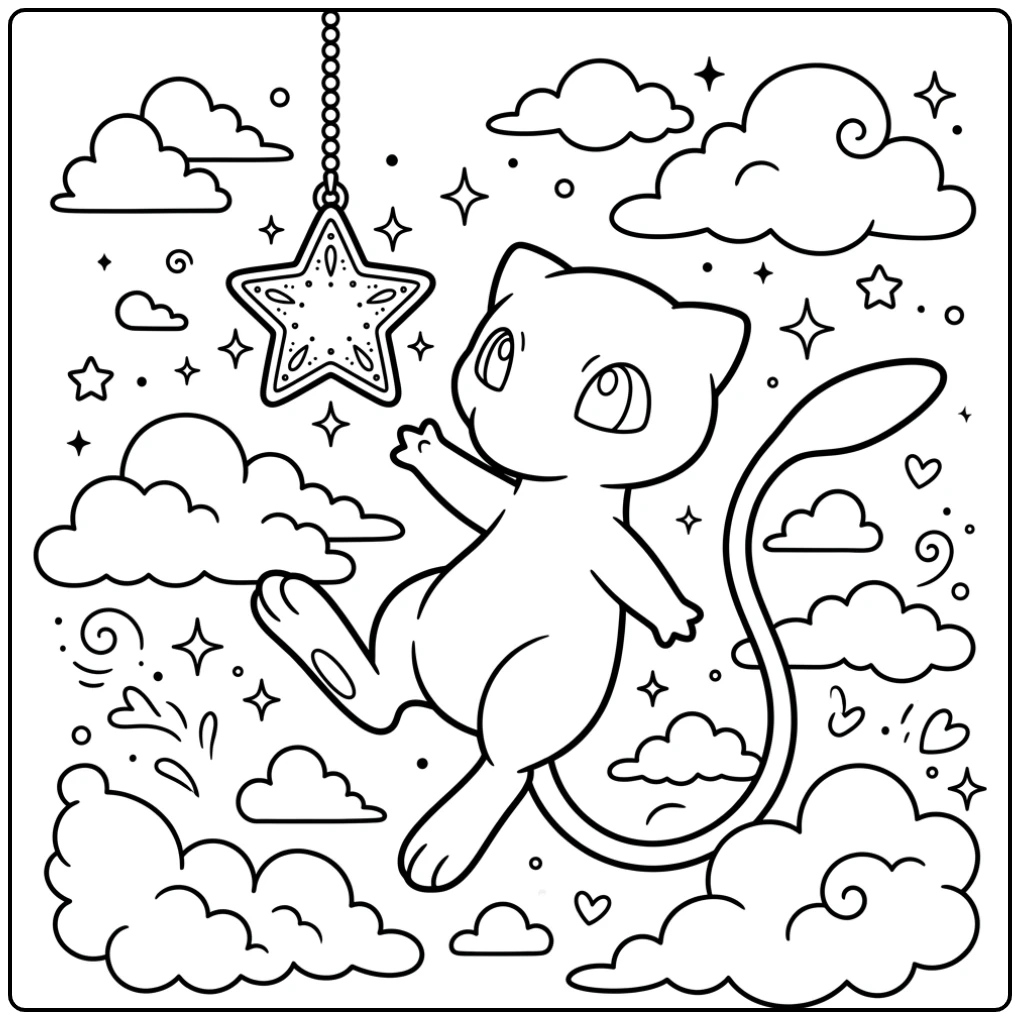 Schattige mew kleurplaat waar hij naar een ster reikt.