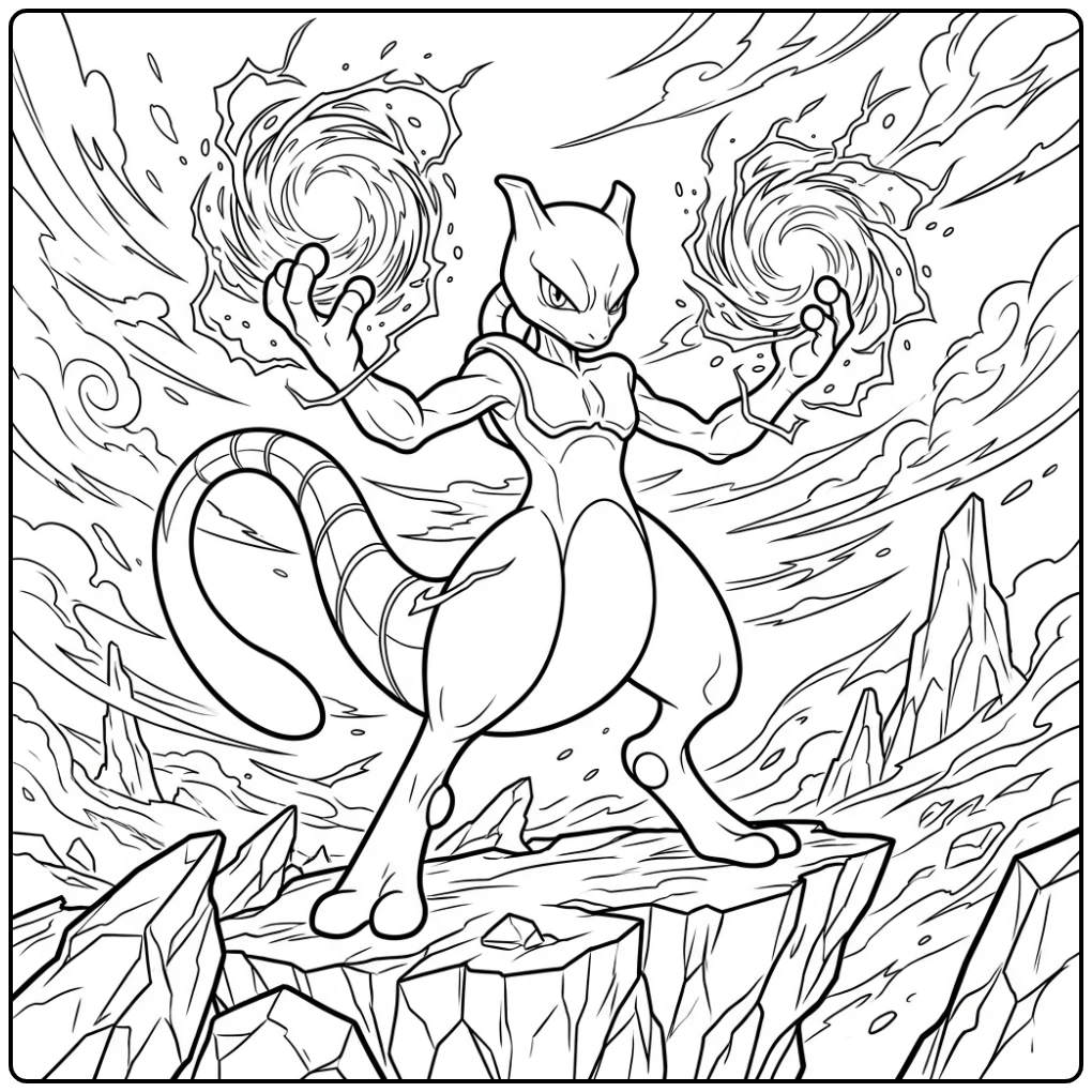 Krachtige mewtwo kleurplaat op een rotsachtige klif.