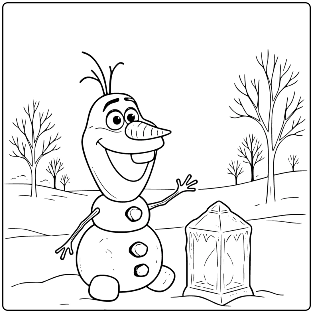 Schattige olaf kleurplaat waar hij naar een ijslantaarn kijkt