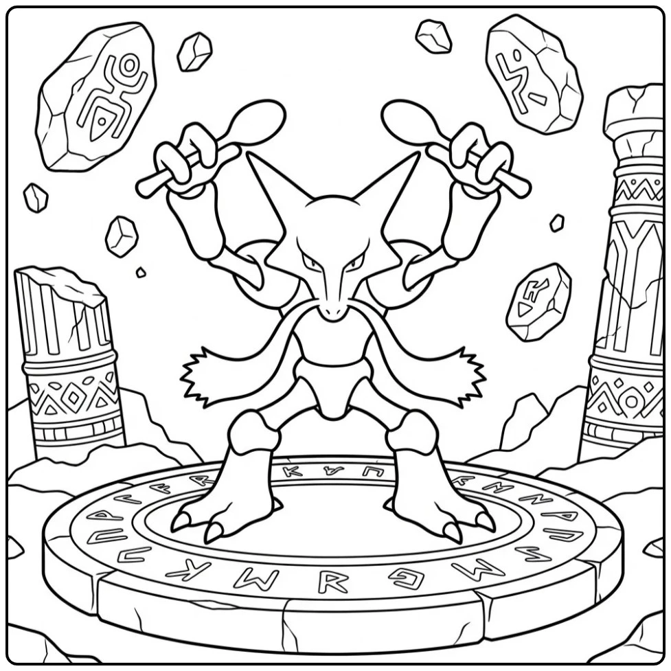 Pokemon Alakazam kleurplaat met zwevende stenen.