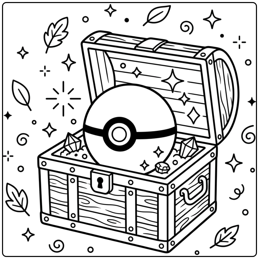 Een unieke pokemon bal kleurplaat: Poké Ball in schatkist met vonken.