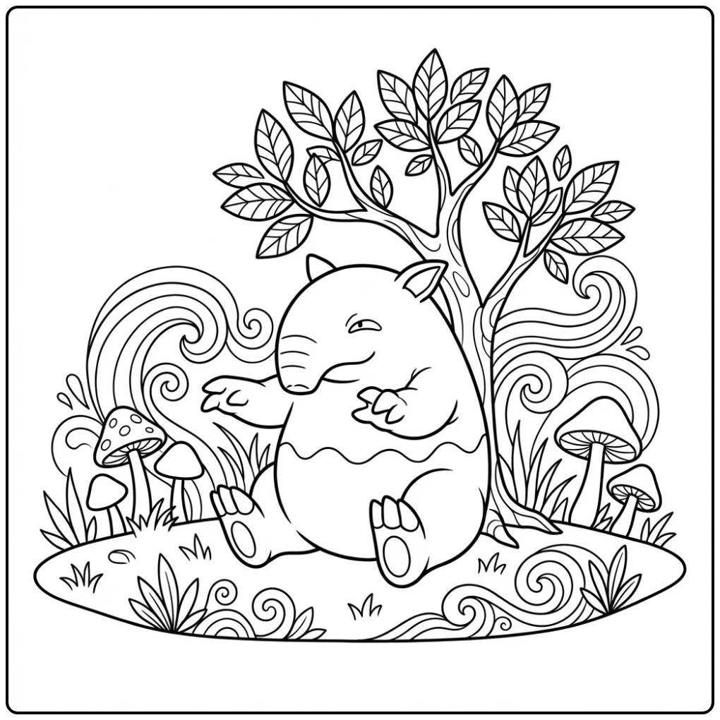 Pokemon Drowzee kleurplaat in een dromerige weide.