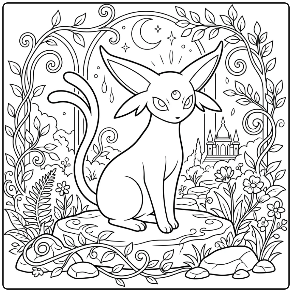 Prachtige Pokemon Espeon kleurplaat in een magische tuin.