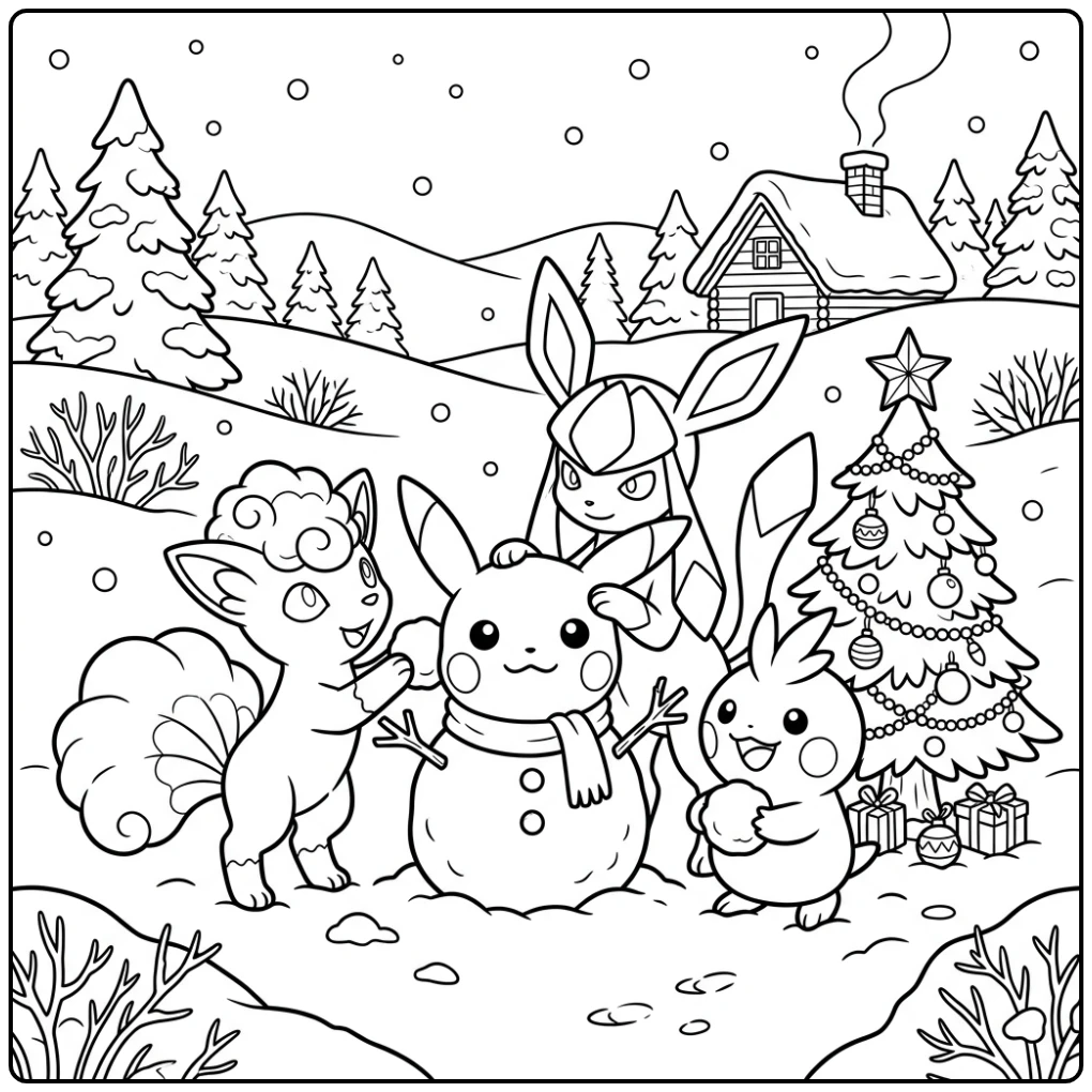 Alolan Vulpix, Glaceon, Snorunt bouwen een pokemon kerst kleurplaat sneeuwpop