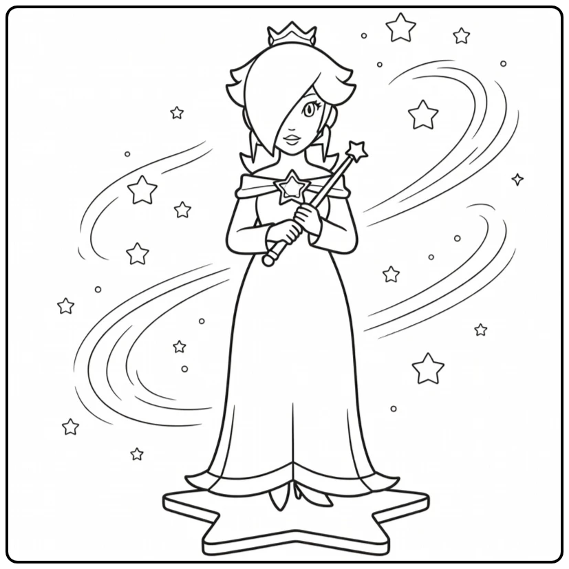 Mooie rosalina kleurplaat op een stervormig platform.