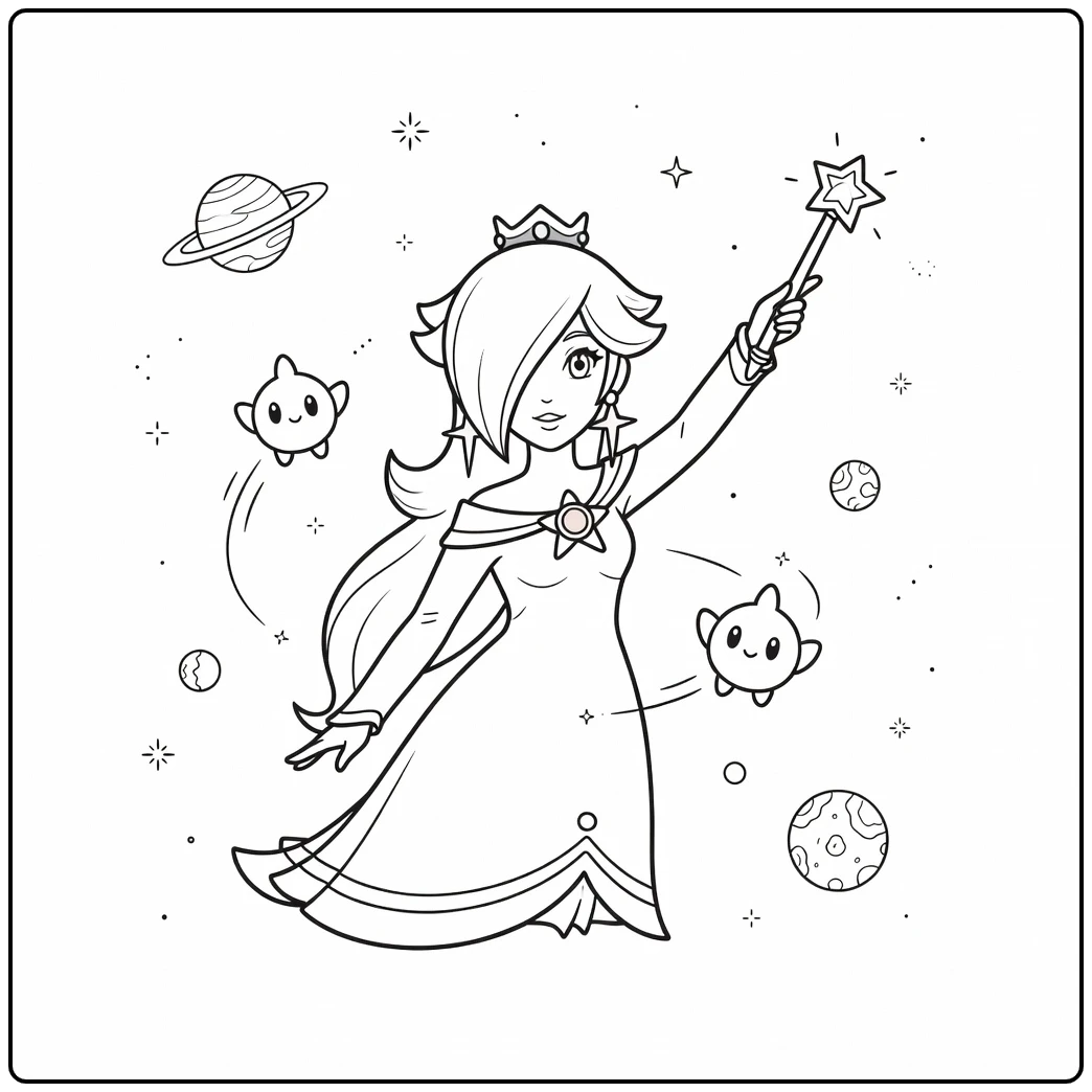 Mooie rosalina kleurplaat met Luma's in de ruimte.