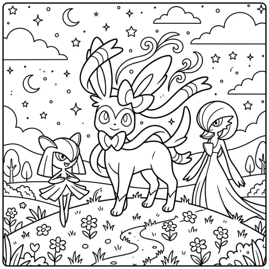 Sylveon kleurplaat met Kirlia en Gardevoir op een heuvel