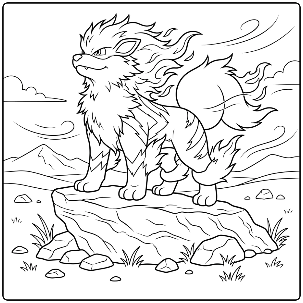 Arcanine pokemon kleurplaat staat trots op een rots, vacht golft.