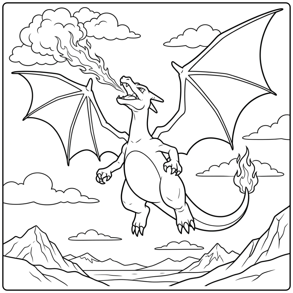 Dynamische charizard kleurplaat in de lucht met vuur ademend.